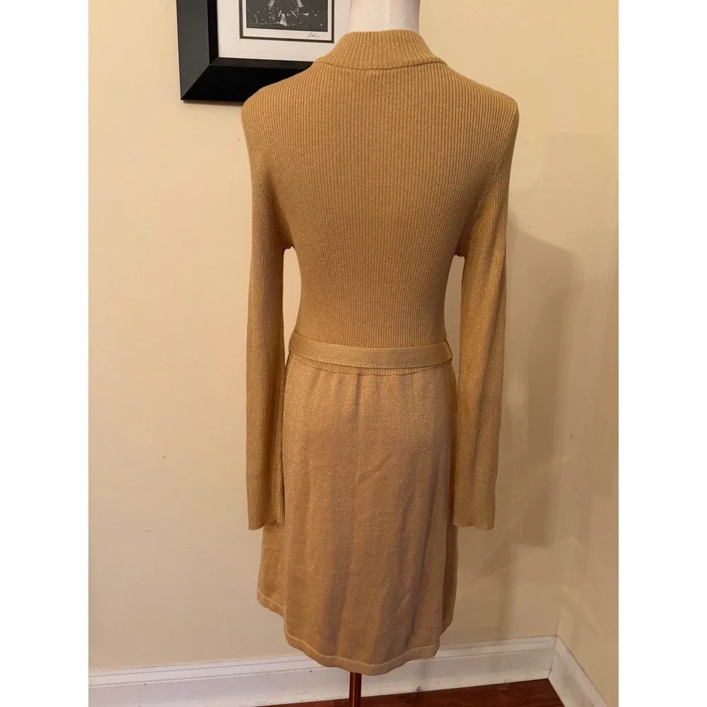 Free People French Girl Gold Lurex Ribbed Knit Mock Neck Belted Dress Medium - Picture 7 of 8